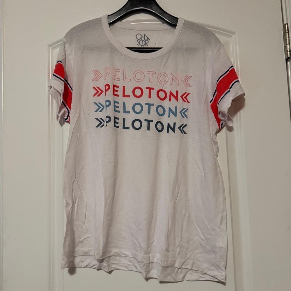 Peloton x Chaser Ladies size XL White Tee with Red & Blue Logo Stripes. NWOT.